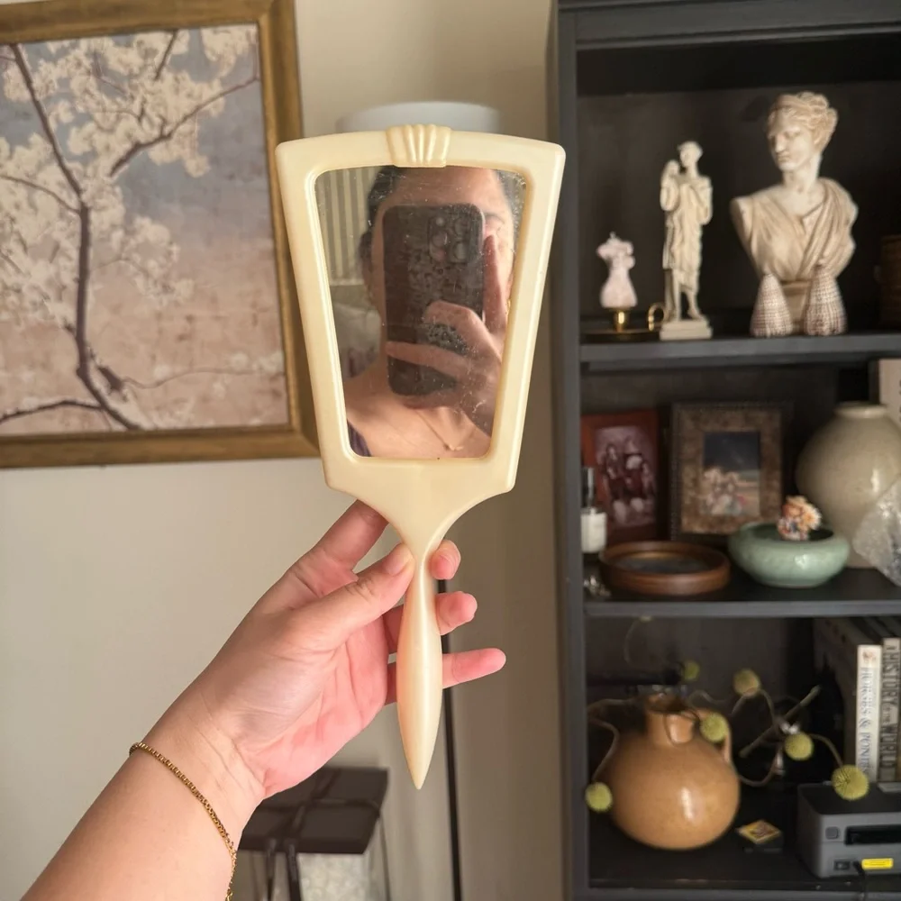 Vintage Handheld Mirror in Cream vanity 80s collectible nostalgia